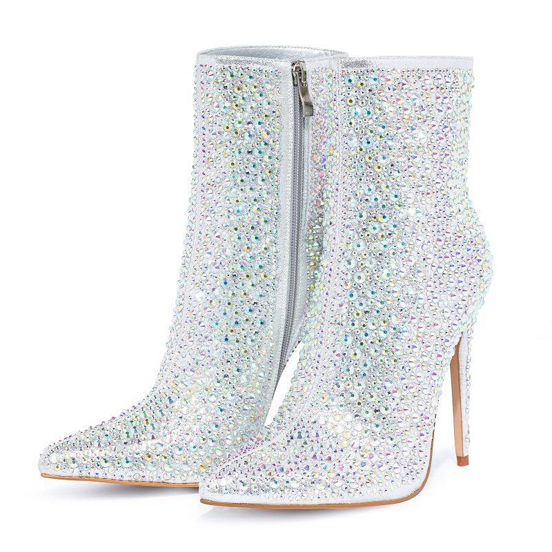 OMINE Women's Bling Rhinestone Embellished Tall Ankle Boot Booties Stiletto Heel