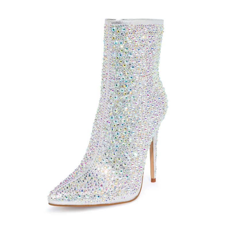 OMINE Women's Bling Rhinestone Embellished Tall Ankle Boot Booties Stiletto Heel