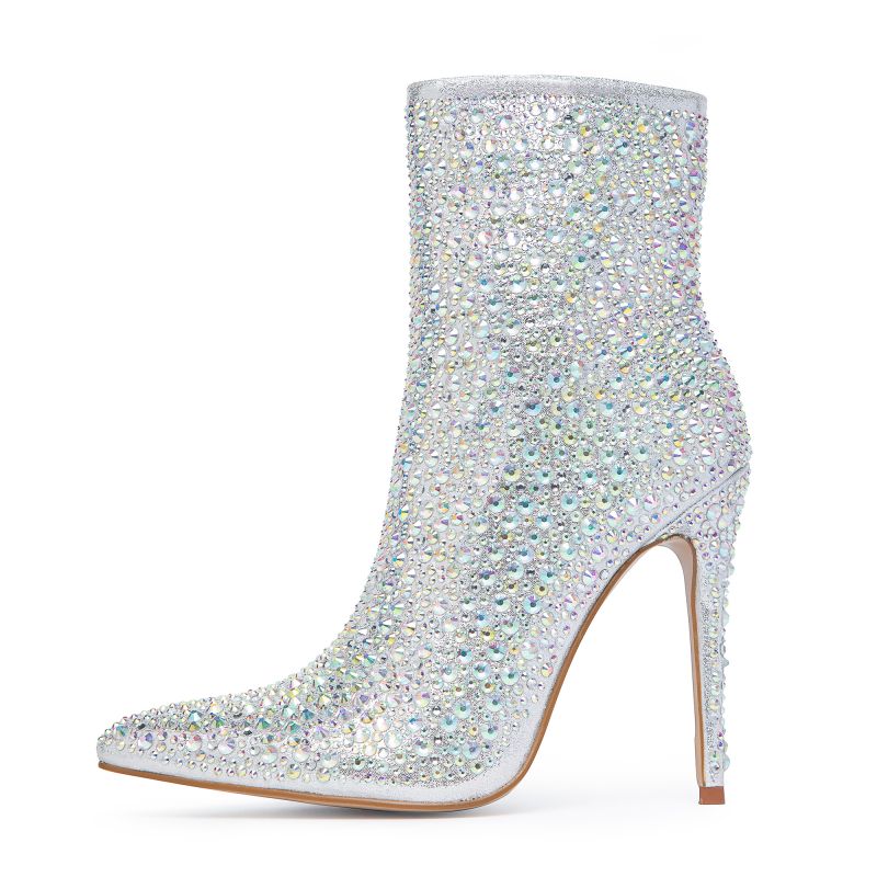 OMINE Women's Bling Rhinestone Embellished Tall Ankle Boot Booties Stiletto Heel